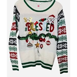 NO BOUNDARIES CHRISTMAS SWEATER, JUNIOR GIRLS, L (11-13), WHITE W/RED GREEN GOLD